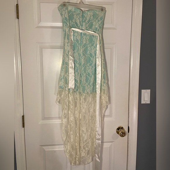 Turquoise Strapless High-Low Lace Party Dress for Tweens - Picture 2 of 4